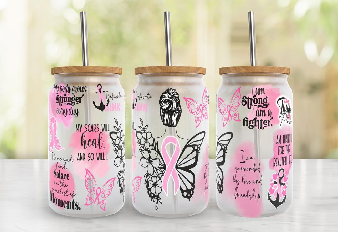 Breast Cancer Ribbon 16oz Libbey Glass Can Tumbler Wrap PNG File • Pink ...
