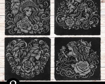 8 Princess Swirls Slate Coaster Laser Files, PNG Laser Engrave, Glowforge , Coaster Set Laser File, Slate Coaster Design, Laser Burn PNG