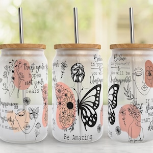 BOHO 16OZ Libbey Glass Wrap • Affirmations Glass Tumbler • Messy Bun Girl • Boho Floral • Butterfly Wings • Sublimation PNG File • Digital