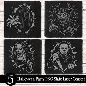 5 Halloween Party Coaster Laser Engraving PNG File, Slate Coaster Files For Engraving, Tile Laser File Digital Download, Laser Burn PNG