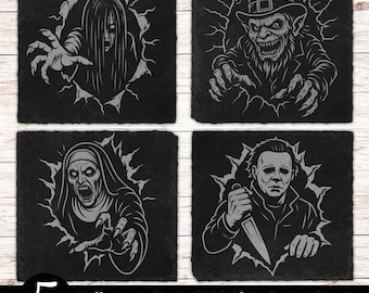 5 Halloween Party Coaster Laser Engraving PNG File, Slate Coaster Files For Engraving, Tile Laser File Digital Download, Laser Burn PNG