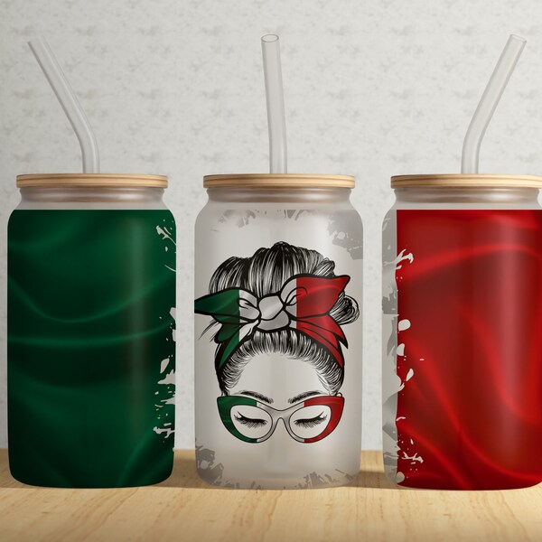 Messy Bun Girl 16oz Libbey Can Tumbler Wrap PNG File • Mexican National Flag 16oz Tumbler Sublimation Design • Messy Bun Girl with Glasses