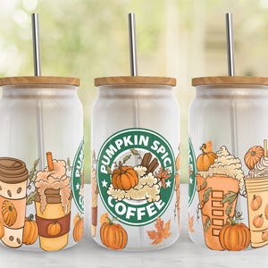 Pumpkin Spice 16oz Libbey Glass Can Tumbler Wrap PNG File, Coffee, Fall Leaves, 16oz Glass Can Sublimation Design Digital, Halloween