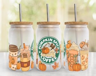 Pumpkin Spice 16oz Libbey Glass Can Tumbler Wrap PNG File, Coffee, Fall Leaves, 16oz Glass Can Sublimation Design Digital, Halloween