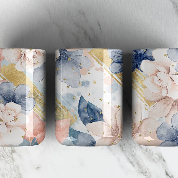 Blue Pink Roses 15OZ Coffee Mug Sublimation PNG File •Vintage Watercolor Roses • Gold Brush Strokes • 15oz Coffee Cup Wrap Watercolor