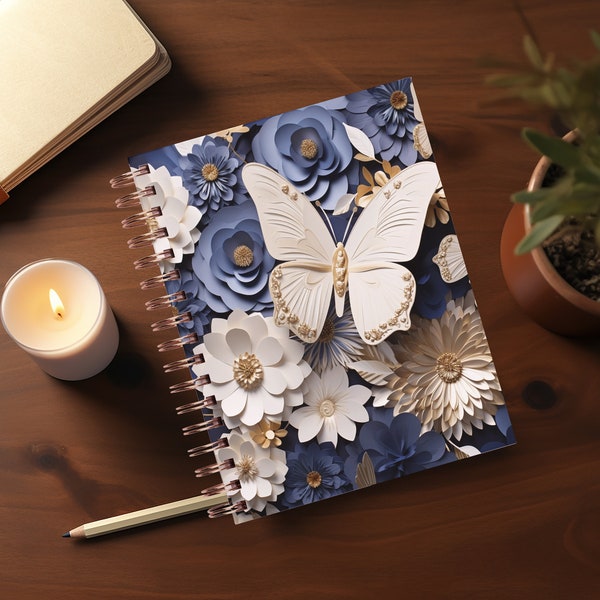 3D Floral Butterfly Journal Covers PNG Design Sublimation - 3D Flowers Spiral Planner Cover Notebook Cover - Digital Instant Download