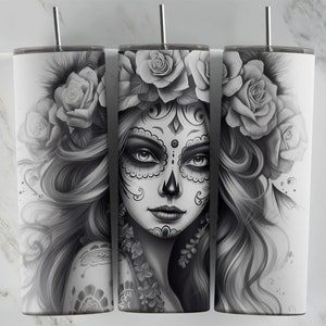 Dag van de Doden 20oz Skinny Tumbler Sublimatie PNG-bestand • Dia De Los Muertos • Zwart-wit • Dag van de Doden 20OZ Tumbler • Digitaal