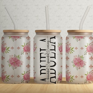 Floral ABUELA Split Monogram 16oz Libbey Can Tumbler PNG File • Shabby Chic Glass Can Wrap Sublimation Designs • Beer Can Glass Template •