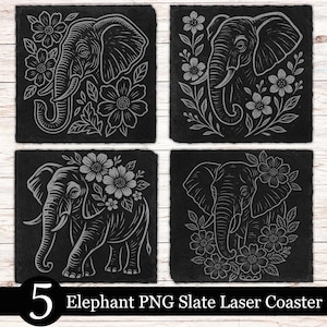 May include: Set of four black slate coasters with etched elephant designs. Each coaster features a different elephant illustration surrounded by floral elements. The coasters are displayed on a light wood surface.