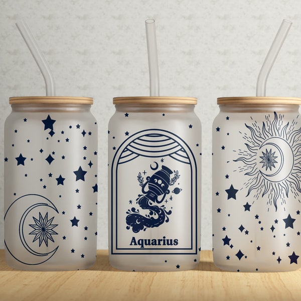 AQUARIUS Zodiac Sign 16OZ Libbey Glass Can Wrap PNG File • Sublimation Design Template • AQUARIUS Zodiac Constellation Sign • Astrology