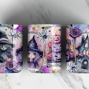Cartas de tarô Design de sublimação de caneca de 15 onças Arquivo PNG • Gatos pretos Bruxas Design de embrulho de xícara de café de 15 onças • Outono de Halloween • Download digital