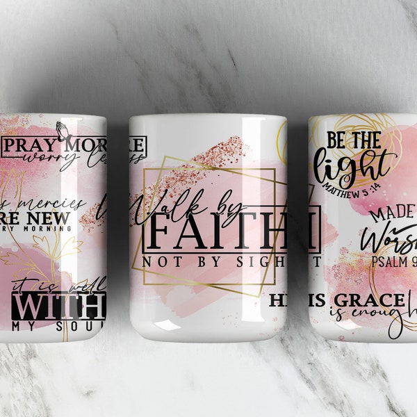 FAITH Affirmation 15oz Mug Sublimation Design PNG File • Religious Jesus 15oz Mug • Coffee Mug Wrap Design • Pink Gold • Affirmation Quotes