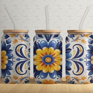 Mexico Talavera Pattern 16oz Libbey Glass Tumbler Wrap PNG File • Mexican Pottery Pattern 16oz Tumbler Sublimation Design Wrap • Digital