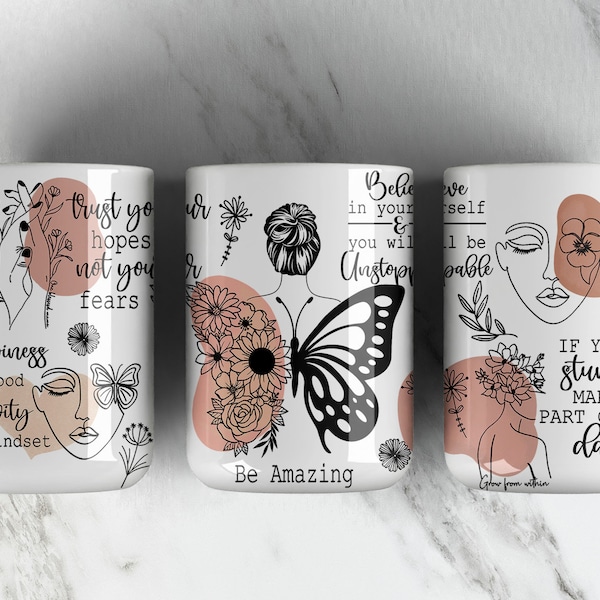 BE AMAZING • Messy Bun Girl • Butterfly Wings • Affirmation Mug • Sublimation PNG File • 11 oz Coffee Mug Design • Coffee Cup Wrap • Digital