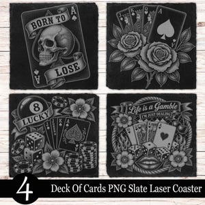 Könnte beinhalten: Ein Set aus vier quadratischen Untersetzern aus schwarzem Schiefer mit Lasergravuren von Spielkarten, Totenköpfen, Rosen, Würfeln und Pokerchips. Die Motive enthalten die Schriftzüge Born to Lose, Lucky und Life is a Gamble I'm Just Dealing.