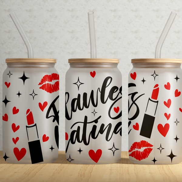 Flawless Latina 16oz Libbey Glass Can Tumbler Wrap PNG File • Hearts • Lipstick • 16oz Glass Can Sublimation Design • Digital File