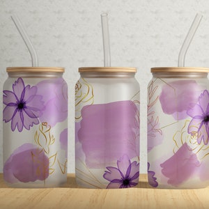 16oz Libbey Can Tumbler Wrap PNG File • Purple Xray Flowers Tumbler Sublimation Design • Affirmation Layout • Purple Watercolor flowers