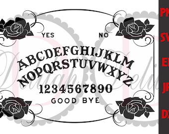 May include: Black and white Ouija board design with the alphabet, numbers, and the words "YES", "NO", and "GOOD BYE". The design includes decorative roses in each corner and is framed by a black border.