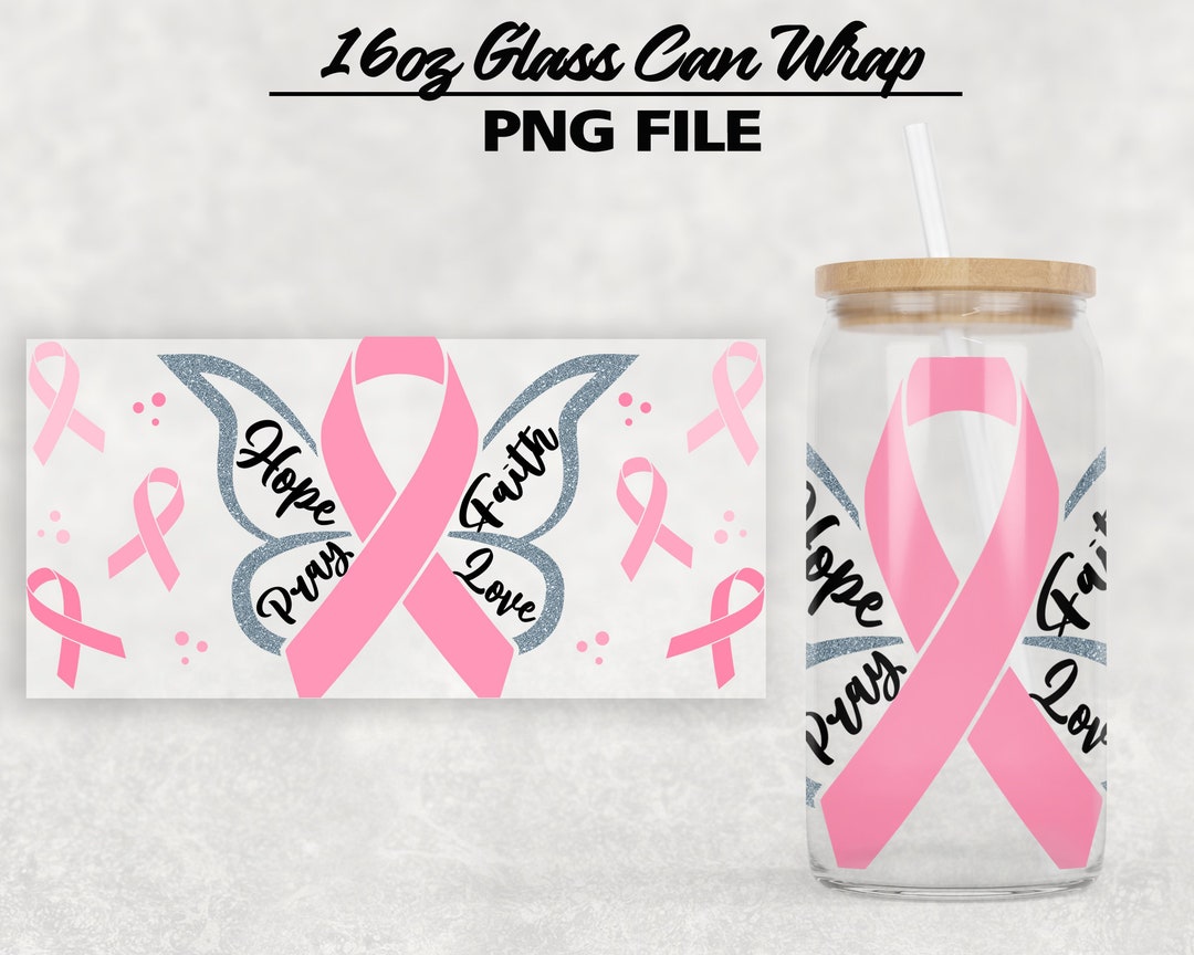16oz Libbey Glass Can Tumbler Breast Cancer Pink Ribbon Butterflies ...