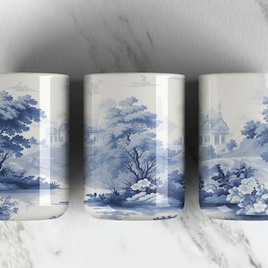 Blauw witte Toile De Jouy 15oz koffiemok sublimatie ontwerp PNG-bestand • 15oz koffie kopje wrap ontwerp • mok pers • digitale download