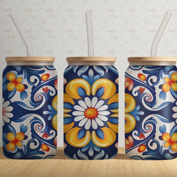 Blue Yellow Talavera Pattern 16oz Libbey Glass Tumbler Wrap PNG File • Mexican Pottery Print 16oz Tumbler Sublimation Design Wrap • Digital