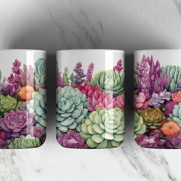 Echeveria Succulent Plants 15oz Mug Sublimation Design PNG File • Cactus Plants 15oz Coffee Cup Wrap Design • Digital Download