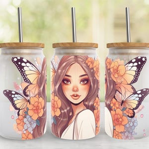 Garden Fairy 16oz Glass Can Sublimation PNG Design, 16oz Libbey Glass Can Tumbler Wrap, Glass Tumbler 16oz Template Wrap, Digital Download