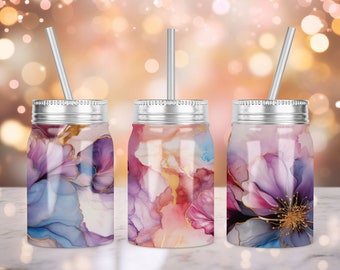 May include: Three stainless steel tumblers with lids and straws. Each tumbler features a different abstract floral design with pink, purple, blue, and gold accents.