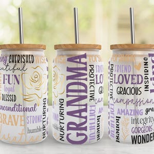 GRANDMA Mothers Day 16oz Glass Can Tumbler Sublimation Wrap PNG File, 16oz Libbey Glass Design, 16oz Glass PNG Design Digital Download