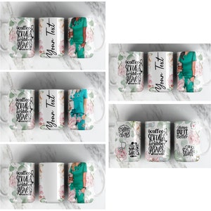 May include: Set of four white ceramic mugs with different designs featuring a nurse in scrubs and floral accents. The mugs have text that reads "coffee scrubs & rubber gloves nurselife", "coffee scrubs & rubber gloves", "Nurses do it better", and "caller chaos nurse will fix it shots".