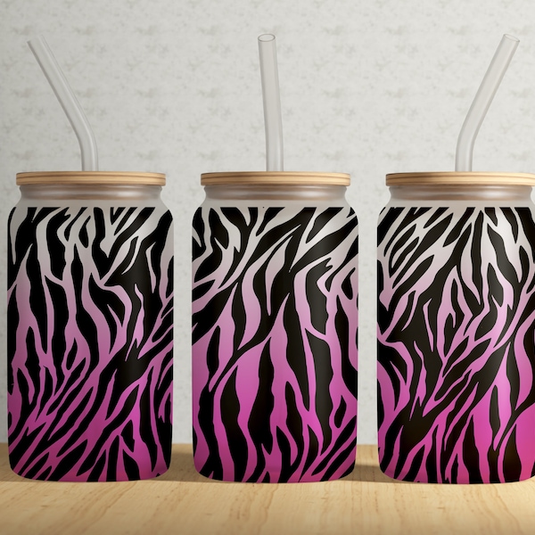 Pink and Black Zebra Stripes 16oz Libbey Can Tumbler Wrap PNG File • Animal Stripes 16OZ Libbey Glass Can Sublimation Design • Hot Pink