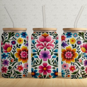 Mexican Flower Embroidery 16 oz Glass Can Tumbler Sublimation Wrap PNG File Design Template - 16 Oz Libbey Glass Wrap Instant Download