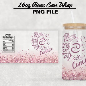 16oz Libbey Glass Can Tumbler CANCER Zodiac Sign Wrap Sublimacja PNG File • Wartości odżywcze znaku zodiaku • Pobieranie cyfrowe • Plik Png