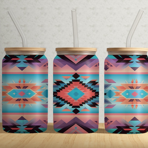 Pink Turquoise Aztec Tribal 16oz Libbey Glass Tumbler PNG File •  16oz Glass Tumbler Wrap • Sublimation Digital File ONLY