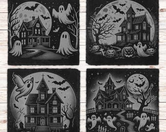 4 Halloween Slate Laser Coaster Files, PNG Laser Engrave, Glowforge , Halloween Party Laser File Digital Download, Slate Coaster Engraving