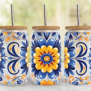 Mexican Floral 16oz Glass Can Wrap, Libbey Glass PNG Design, 16oz Libbey Glass Design, Sublimation, Talavera 16oz Libbey Glass Wrap, File