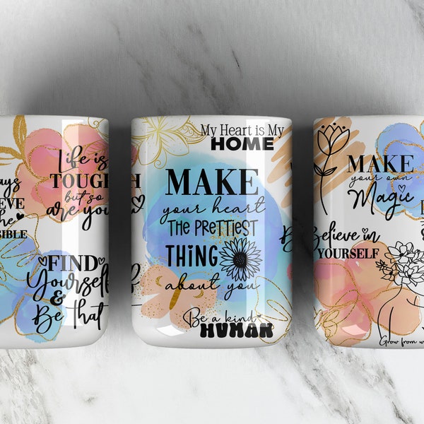 DAILY Affirmation 11oz Mug Sublimation Design PNG File • Blue Orange Watercolor Flowers • 11OZ Affirmation Coffee Cup Wrap • Sublimation