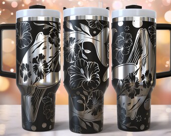 May include: Three stainless steel travel mugs with black lids and handles. Each mug features a black and white design of a fish swimming through a floral pattern.