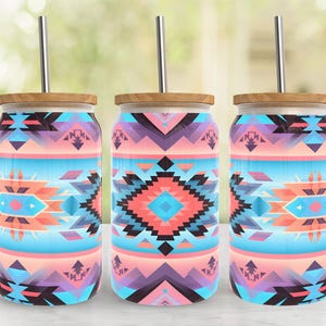 Pink Turquoise Aztec Tribal 16oz Libbey Glass Tumbler PNG File •  16oz Glass Tumbler Wrap • Sublimation Digital File ONLY