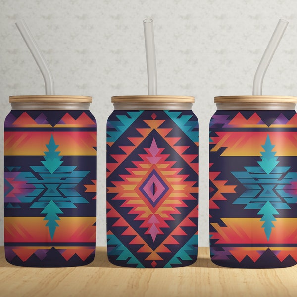 Orange Teal Aztec Pattern 16oz Libbey Glass Tumbler PNG File •  16oz Glass Can Tumbler Wrap • Sublimation Digital Download ONLY