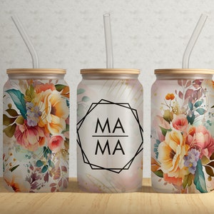 MAMA 16oz Libbey Can Tumbler Wrap PNG File • Watercolor Flowers • Mothers Day 16OZ Libbey Glass Sublimation Wrap • Mom • Mothers day gift