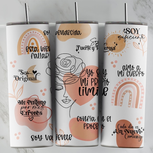 SPANISH Affirmation 20oz Skinny Tumbler Sublimation PNG File • Boho Rainbows • Boho Spanish Daily Affirmation 20oz Tumbler Design • PNG