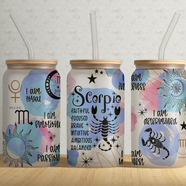 Zodiac Signs SCORPIO 16oz Libbey Can Tumbler Wrap PNG File • SCORPIO Affirmation 16oz Tumbler Sublimation Design • Horoscope • Astrology