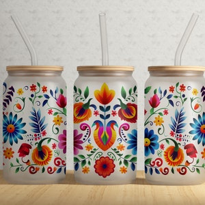 Embroidery Mexican Pattern 16oz Libbey Glass Tumbler Wrap PNG File • Mexican Floral 16oz Tumbler Sublimation Wrap Design • Digital Download