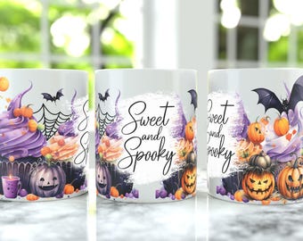 Sweet and Spooky Coffee Mug Wrap PNG, 15oz Coffee Mug Sublimation Designs, 11oz Coffee Mug Wrap, Halloween 15oz & 11oz Cup Digital Design