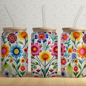 Mexikanisches Blumenmuster 16 Unzen Libbey Glasbecher wickeln PNG Datei • Mexikanische Stickerei 16 Unzen Becher Sublimation Wrap Design • Digitaler Download