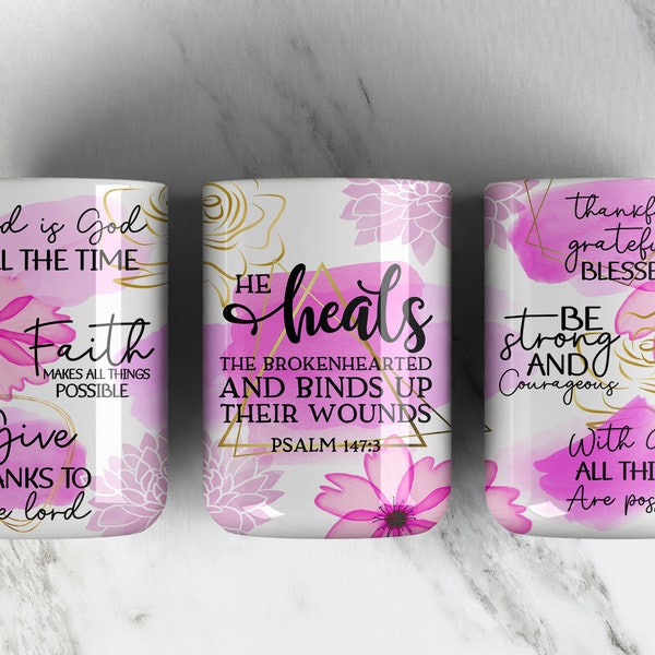 FAITH Jesus 15oz Mug Sublimation Design PNG File • Religious Affirmations 15oz Mug • Coffee Mug Wrap Design • Pink Xray Flowers