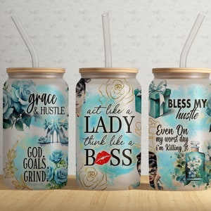 Autoafirmación 16oz Libbey Glass Tumbler Wrap Archivo PNG • Actúa como una dama Piensa como un jefe 16oz Tumbler Sublimation Wrap • Digital
