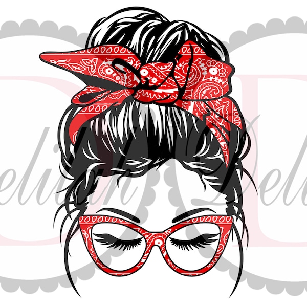 RED Messy Bun Girl With Glasses • Sublimation Design • Red Paisley Bandana • Sublimation PNG File • Messy Bun Girl• Digital Download