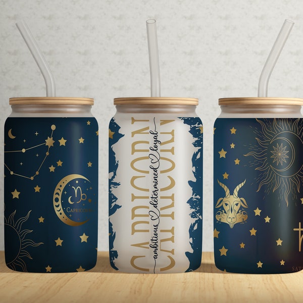 CAPRICORN Zodiac Sign 16OZ Libbey Glass Can Wrap PNG File • Sublimation Design Template • Capricorn Constellation Sign • Digital Download